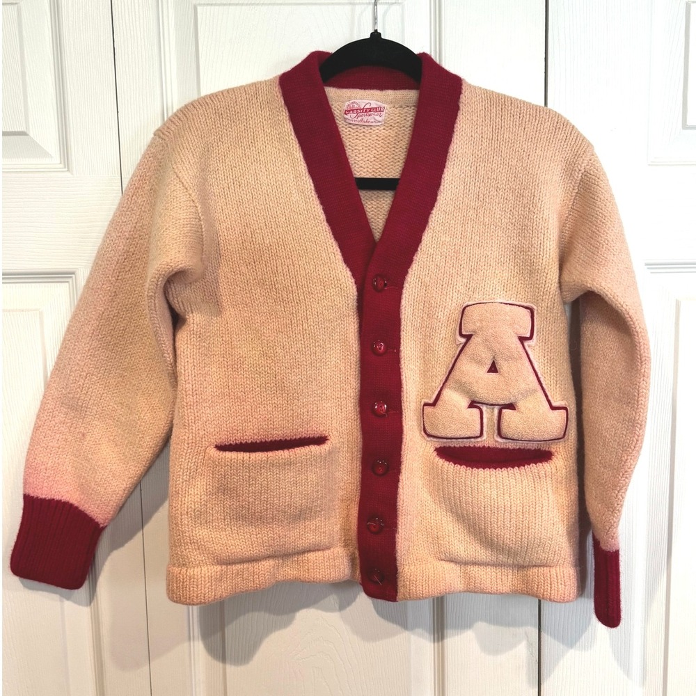 Vintage Varsity Club Cream Pink Red Letterman Cardigan Letter A SMALL Retro Prep